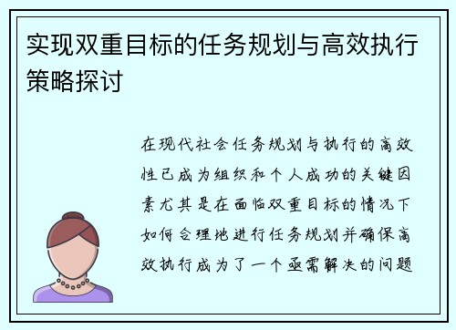 实现双重目标的任务规划与高效执行策略探讨